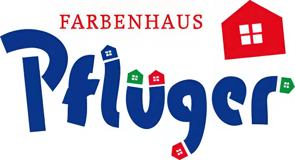 Logo für Farbenhaus Pflüger mit dem Firmennamen in großen blauen Buchstaben, kleinen Haussymbolen als Umlaute und einem roten Haus mit Fenstern über dem Text. - Firmenadresse