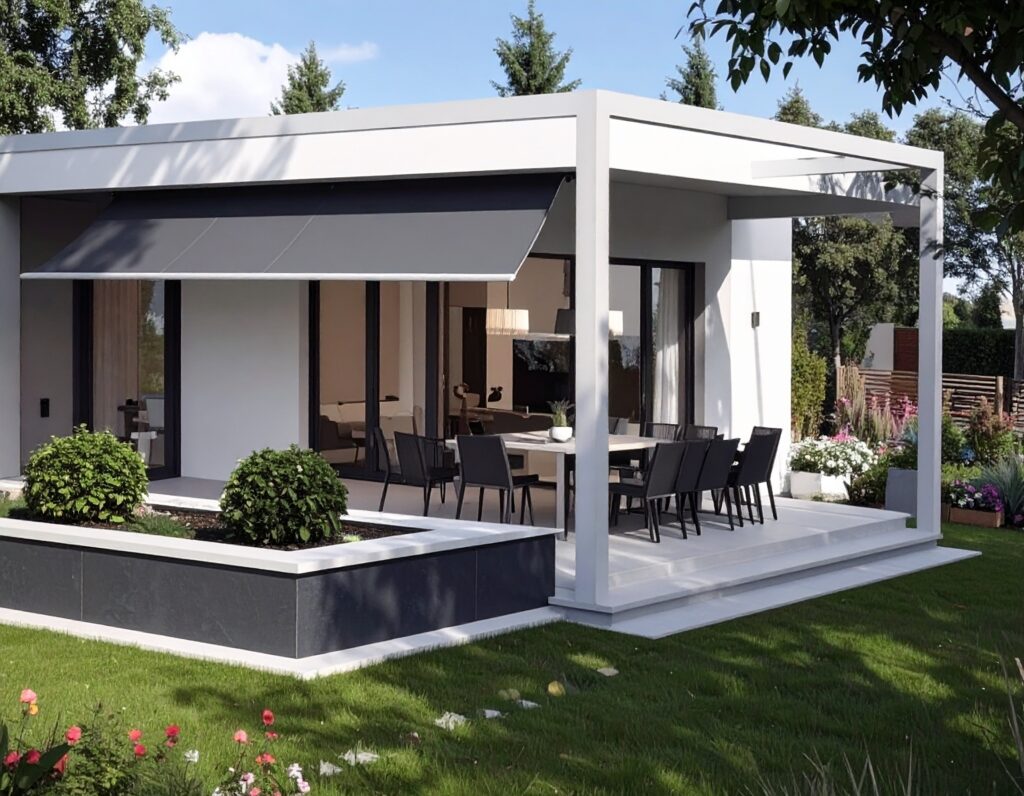 Moderne Terrasse mit schwarzem Essplatz unter eleganten Markisen, angebaut an ein weißes Haus, umgeben von grünem Rasen und angelegtem Garten. - Farbenhaus Pflüger - Raumausstattung, Bodenbeläge, Vinylboden, Parkett, Farben, Malerarbeiten - Simmenet 2, 37235 Hessisch Lichtenau