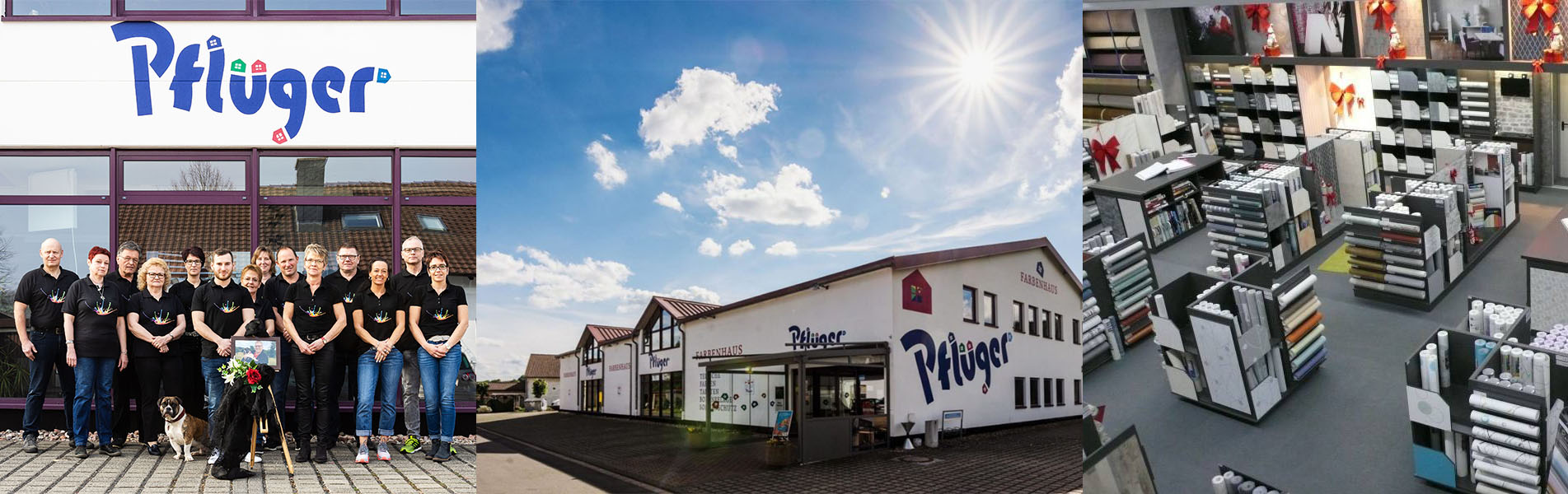 Drei Fotos: Team vom Farbenhaus Pflüger posiert vor dem Pflüger Fachmarkts und einer Innenasicht des Ladens mit Regalen und ProduktenEinblicke in unsere Geschichte auf der Seite „Über uns“. - Farbenhaus Pflüger - Raumausstattung, Bodenbeläge, Vinylboden, Parkett, Farben, Malerarbeiten - Simmenet 2, 37235 Hessisch Lichtenau
