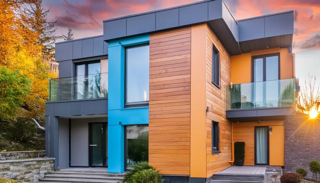 Modernes zweistöckiges Haus mit Außenpaneelen aus Holz, Blau und Grau, großen Fenstern, Glasbalkonen und einem Sonnenuntergang im Hintergrund. - Farbenhaus Pflüger - Raumausstattung, Bodenbeläge, Vinylboden, Parkett, Farben, Malerarbeiten - Simmenet 2, 37235 Hessisch Lichtenau